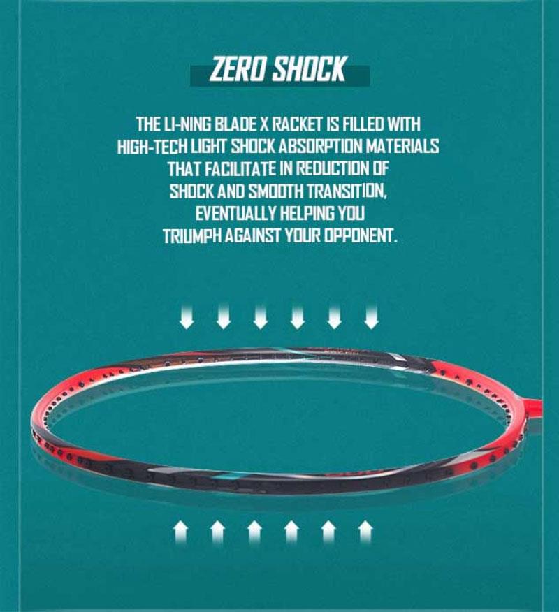 The image features the Li-Ning BladeX 800 4U badminton racket frame with "ZERO SHOCK" at the top. The description highlights it as ideal for advanced players, boasting high-tech shock absorption materials that ensure smooth transitions and increased speed against opponents.