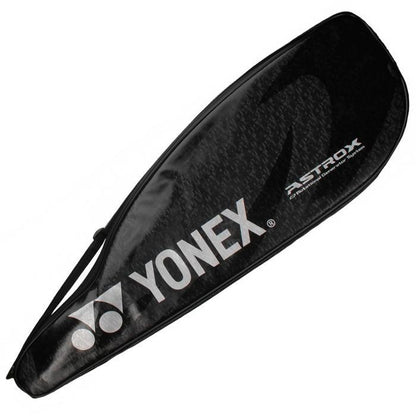 The Yonex badminton racket cover, designed for the Astrox 100 ZX blue model, has a black color with a zipper and proudly displays the Yonex logo and text. Tailored for players who favor head heavy balance and NAMD graphite material, its sleek teardrop shape includes a carrying strap for added convenience.