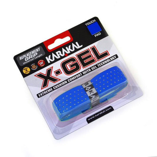 The packaging of the Karakal X-GEL Replacement Badminton Grip - Blue prominently features its blue perforated gel pad, engineered for exceptional cushioning and comfort. It uses slow release formula gel technology, showcasing the Karakal brand logo and a detailed product description to emphasize its touch pad features.