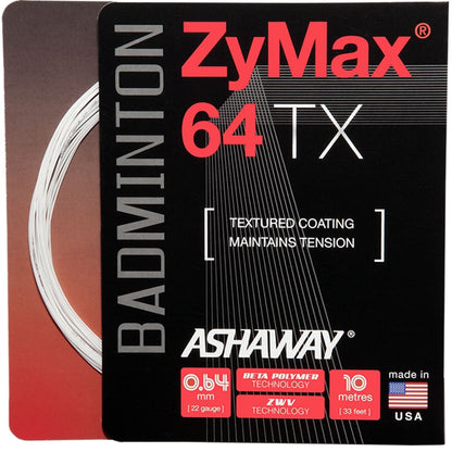 Image of the Ashaway Zymax 64 TX Badminton String in white, featuring ZyWeave string technology. The package highlights a textured coating and tension maintenance, includes 10 meters of string with a 0.64 mm gauge, features BETA polymer fibers, and is proudly made in the USA.