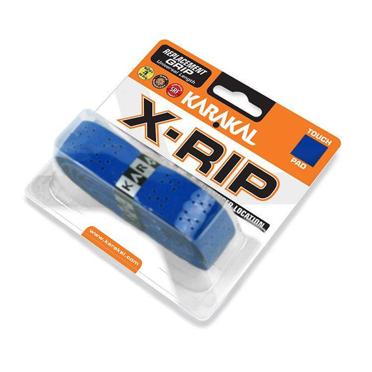 The image features a packaged Karakal X-RIP Replacement Badminton Grip in blue, ideal for sports equipment. Encased in clear plastic, the grip showcases its breathable surface and touch-enhancing pad features, providing a comfortable and secure hold during play.