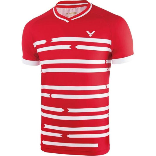 Introducing the Victor Badminton Shirt Denmark Women's Red 6618: This red jersey, designed by Victor, showcases horizontal white stripes and a stylish white trim on the sleeves. Made from high-performance material, it includes a subtle logo near the collar. Perfect for badminton matches or supporting the Danish national team.