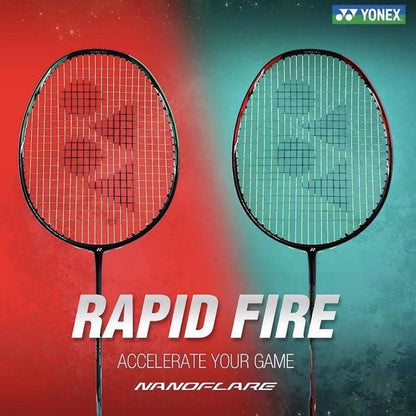 Introducing the Yonex Nanoflare 700 5U Badminton Racket - Red by Yonex: Set against a striking red and teal backdrop, this advertisement showcases two of these advanced rackets with the message: "Rapid Fire, Accelerate Your Game, Unleash Rapid Speed Attack.