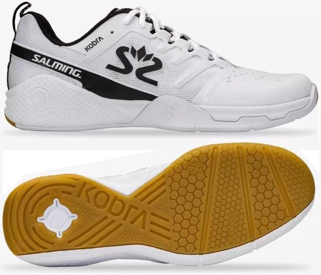 Introducing the Salming Kobra 3 Men's Badminton Shoes in white and black, showcasing the brand's name and logo on the side. These athletic shoes feature a sleek, low-profile design with a lace-up closure. The gum-colored tread of the sole is embossed with "Kobra" and enhanced by the T.G.S. 62/75 system, ensuring optimal movement.