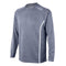 The Yonex YSS1000 Grey Men's Badminton Sweatshirt is a long-sleeved athletic shirt that boasts a gray color with a white diagonal stripe and a small logo on the shoulder. This sweatshirt is designed to be an ideal mid-layer, providing both comfort and style with its textured, heathered fabric appearance.