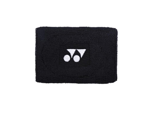 The Yonex AC488 Badminton Wristband - Black, created by Yonex, showcases a sweat-absorbing design with a white logo featuring two stylized triangles and a circle against the plain black background.