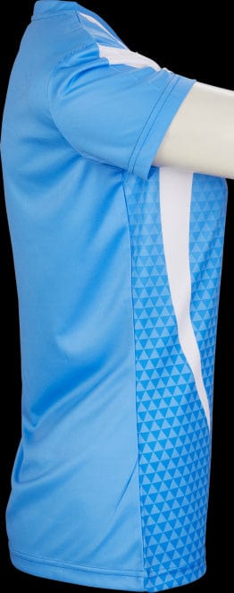 The Victor Eco Series Women's Badminton T-Shirt T-04102 M in Blue/White, made by Victor, is displayed on a mannequin against a black background. This stylish athletic wear features short sleeves and is crafted from recycled materials. It boasts a white stripe and an intricate pattern of blue triangles on the side, emphasizing its commitment to sustainability.