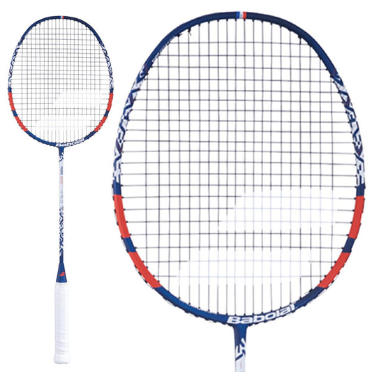 Presenting the Babolat Prime Blast Badminton Racket in Blue and Red, showcasing a flexible blue and white frame with red detailing on the head. Its head-heavy design ensures power in every swing, while the white grip handle offers comfort. The "Babolat" brand name is prominently displayed on the shaft.