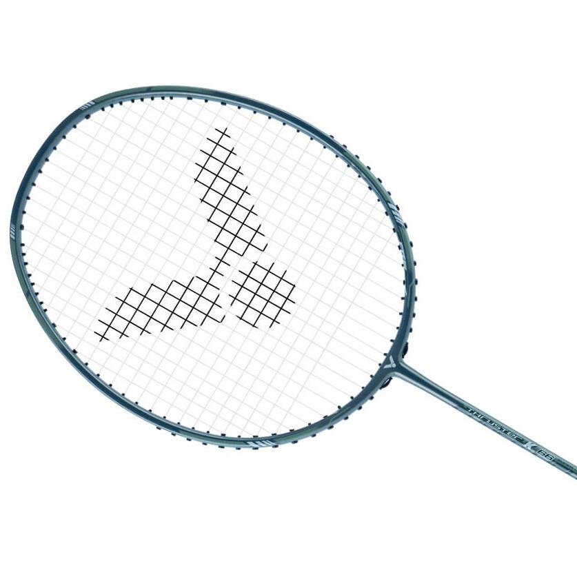 The Victor Thruster K66 Badminton Racket - Blue, by Victor, is a lightweight racket with a blue frame and white strings. It incorporates advanced technologies to create a unique string pattern in the center resembling a stylized three-pronged blade, providing both stylish aesthetics and improved performance.