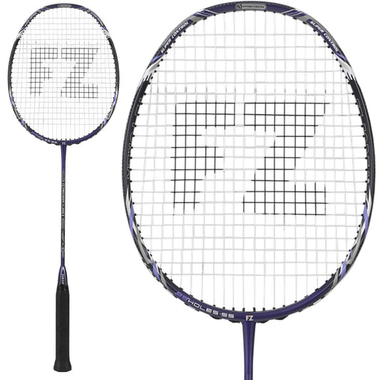 Introducing the FZ Forza Precision 11000 S Badminton Racket by FZ Forza, featuring a professional design with a sleek black grip and white strings adorned with the iconic "FZ" logo for precision. The racket boasts a predominantly black frame accentuated with vibrant purple details, accompanied by an image highlighting the racket head on the right side.