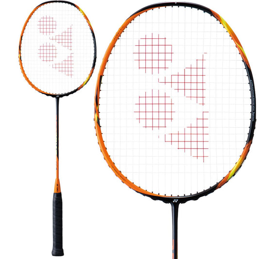 The Yonex Astrox 7 Badminton Racket - Black Orange, from the renowned brand Yonex, features an eye-catching orange and black frame with a prominent logo on its white strings, tailored for power-oriented players. Its black handle is equipped with a textured grip to provide exceptional control and comfort.