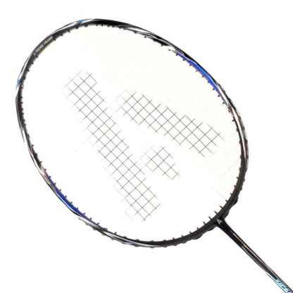 The Ashaway Viper XT-6000 Badminton Racket features a balanced design with a white-stringed head and black frame, expertly crafted from Ultra Hi-Modulus Graphite. Set against a simple white backdrop, its grid-patterned strings and extended handle highlight the commitment to quality and precision synonymous with the Ashaway brand.