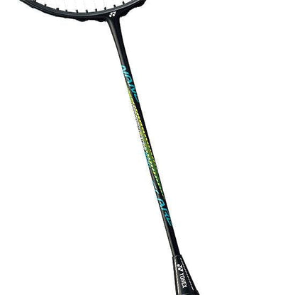 The Yonex Nanoflare 500 Badminton Racket - Matt Black 4U, from Yonex, is a badminton racket with a distinctive curved design and prominent brand logo on both the shaft and handle. Its tightly woven strings boost speed play, while the headlight balance contributes to its contemporary sporty appearance against a white backdrop.