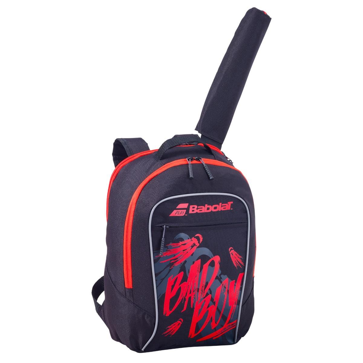 The Babolat Kids Badminton Backpack in black and red is ideal as training gear, featuring a stylish "Bad Boy" graffiti design. It offers convenience with a zippered front pocket, two main compartments, and a racket compartment extending from the top. The backpack prominently showcases the Babolat brand name on the upper section.