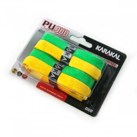 The packaging of the Karakal PU Duo Badminton Grip - Twin Pack in yellow and green includes six durable grips, ideal for racket sport players. Organized in two rows, "PU Super Grip" and "Karakal" are clearly displayed on the packaging for easy identification.