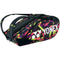 The Yonex 92226EX 6 Piece Pro Racket Bag - Smash Pink showcases a vibrant geometric design in pink, green, and yellow against a sleek black background. The bold Yonex logo is prominently displayed on the side of this racket bag. It includes multiple compartments and shoulder straps for easy carrying.