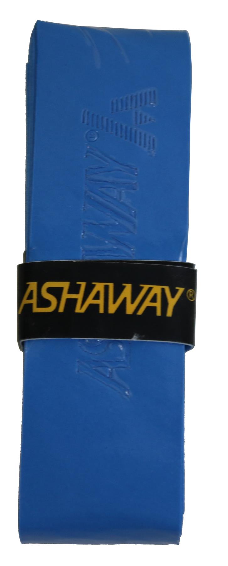 A neatly folded blue overgrip from Ashaway, featuring a black strap adorned with "ASHAWAY" in yellow text. With GRIPIT Technology and an embossed logo, this overgrip is perfect for boosting your racket's performance.