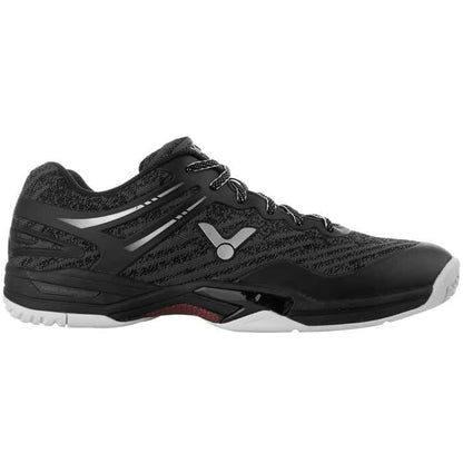 Introducing the VICTOR A922 Black Badminton Shoes by Victor. This athletic shoe boasts a black DigitKnit upper with textured detail, complemented by a silver logo and patterned laces. The design is enhanced with a reinforced heel and features the EnergyMax 3.0 sole in white and black, complete with traction patterns for swift movements on the badminton court.