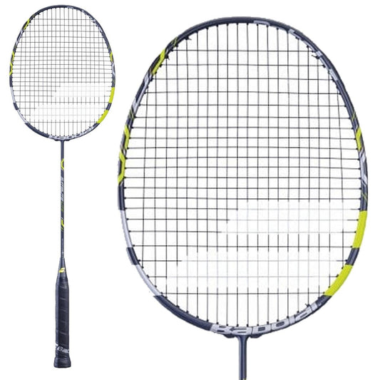 The Babolat Satelite Lite Badminton Racket in yellow, crafted by Babolat, is displayed against a white background. It boasts METRICFLEX technology and a streamlined design with grid-patterned stringing, ideal for offensive players aiming to elevate their game.