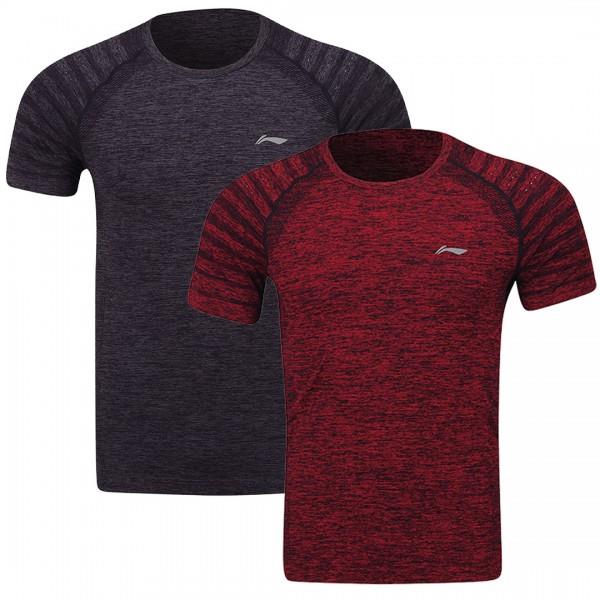 Displayed are two athletic t-shirts from the Li-Ning collection. One is a dark gray seamless design featuring a subtle texture, and the other is red with black textured stripes on the sleeves. Both shirts are crafted from moisture-wicking fabric and showcase a small Li-Ning logo on the chest, making them ideal for badminton enthusiasts.