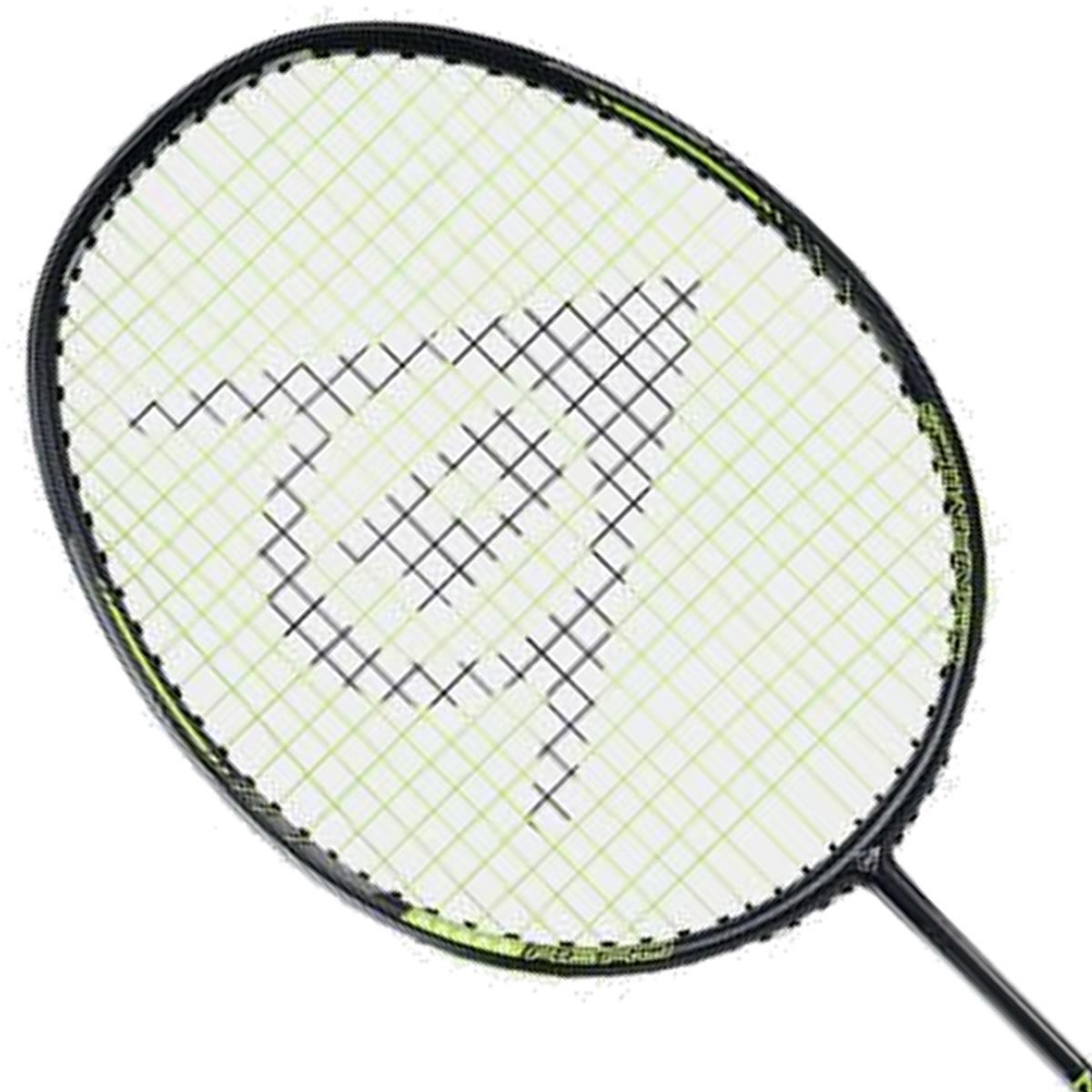 Close-up of a Dunlop Nitro Star FS-1000 Badminton Racket - Black, showcasing its black frame and white strings with a hint of green. A geometric design adorns the center. The flexible graphite shaft guarantees precision, all set against a plain white background.