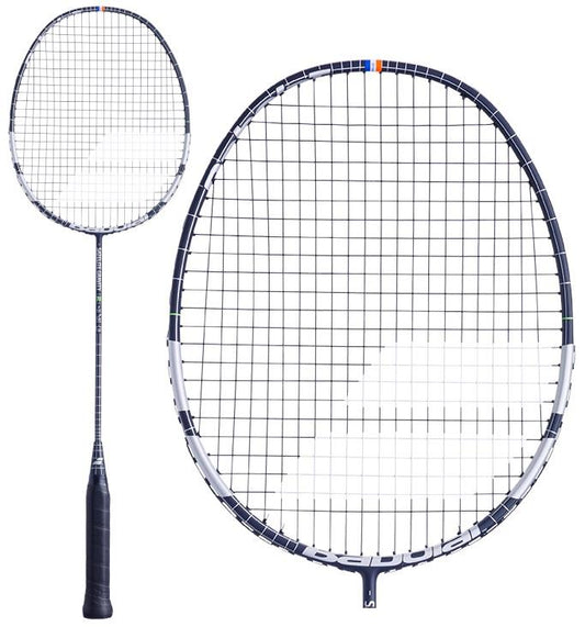 The Babolat Satelite Gravity 78 LTD Badminton Racket in Cyberspace Black and Silver features a SLIM T technology design with a grid pattern on the head. This ultra-light racket has a handle wrapped in black grip tape. The main head is displayed twice, once attached to the handle and once in close-up view, making it ideal for defensive players.