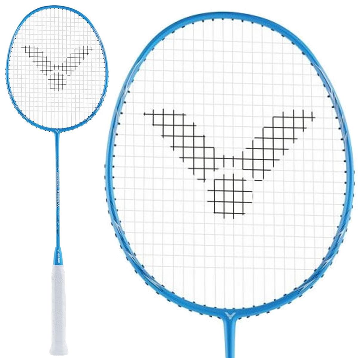 The Victor DriveX 09 M Badminton Racket by Victor features a medium flex and an elegant design with a blue frame complemented by white strings that have a unique black woven pattern. The product is presented in both full view and a close-up of the head to appreciate the details.