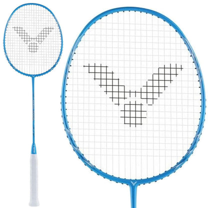 The Victor DriveX 09 M Badminton Racket by Victor features a medium flex and an elegant design with a blue frame complemented by white strings that have a unique black woven pattern. The product is presented in both full view and a close-up of the head to appreciate the details.