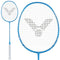 The Victor DriveX 09 M Badminton Racket by Victor features a medium flex and an elegant design with a blue frame complemented by white strings that have a unique black woven pattern. The product is presented in both full view and a close-up of the head to appreciate the details.