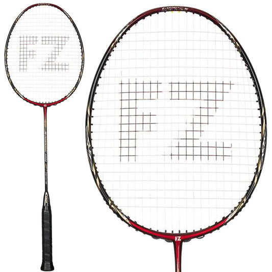 Close-up of the FZ Forza Precision 5000 Badminton Racket - Black Red, designed by FZ Forza for intermediate players. The racket features a black handle and a striking red frame, with strings forming the letters "FZ." It is displayed from two perspectives: a complete view on the left and a close-up of the head on the right.