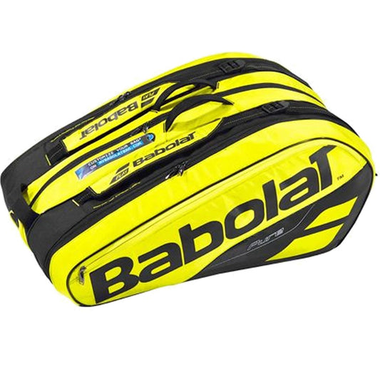 The Babolat Pure Line Badminton Racket Holder x12 in yellow and black boasts a sleek design with multiple zippered compartments, including insulated sections to safeguard essentials. The brand name "Babolat" is prominently featured in black text on the sides and handles for an elegant appearance.