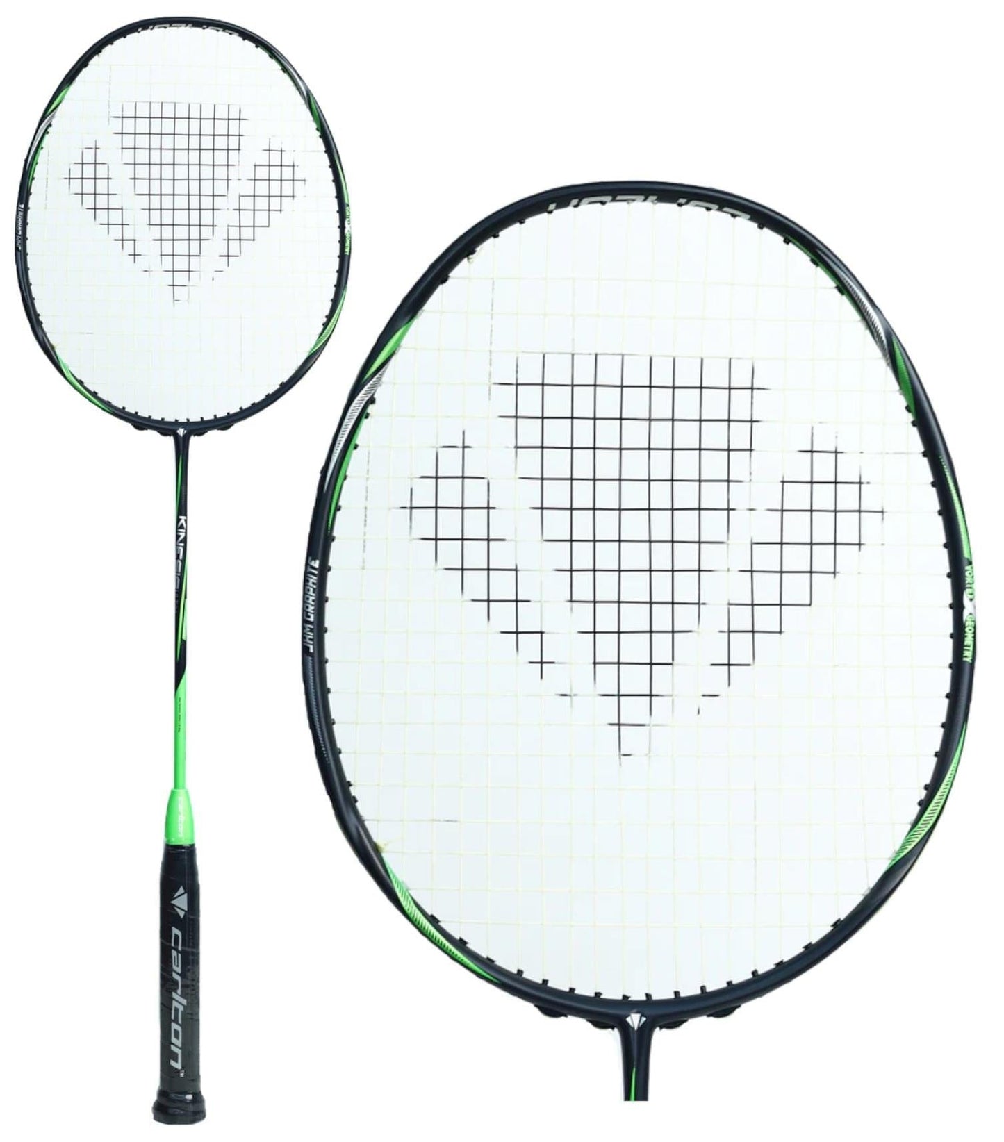 The Carlton Kinesis Ultra S-Tour Badminton Racket features an Xtreme Tension Frame with a stylish black frame, green accents, and white strings. Its Vortex Geometry design enhances the geometric pattern on the string bed. The Carlton brand name is prominently displayed on the handle, offering both a sleek appearance and high performance.