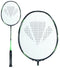 The Carlton Kinesis Ultra S-Tour Badminton Racket features an Xtreme Tension Frame with a stylish black frame, green accents, and white strings. Its Vortex Geometry design enhances the geometric pattern on the string bed. The Carlton brand name is prominently displayed on the handle, offering both a sleek appearance and high performance.