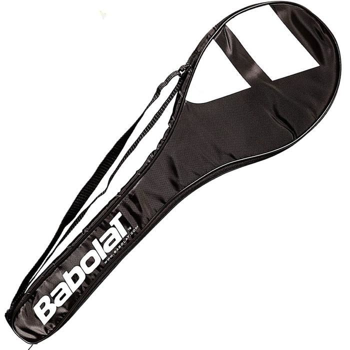 A black Babolat bag designed to carry tennis rackets features a zippered compartment and an adjustable shoulder strap for convenience. The Babolat logo is prominently displayed in white on the side, showcasing its I-PULSE POWER design.