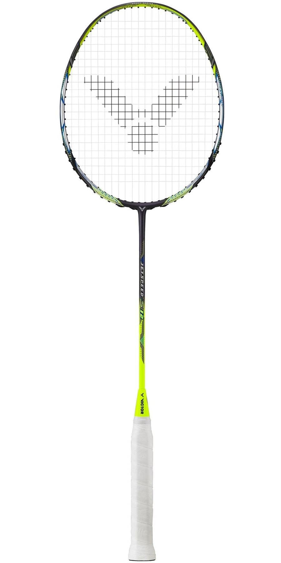 The Victor Jetspeed S 12TD Badminton Racket features a string face with a dark logo pattern on white strings. Its predominantly black frame is accented with neon yellow highlights, and the handle is wrapped in white grip tape. Engineered with Aero-Sword technology, it delivers both speed and precision on the court.