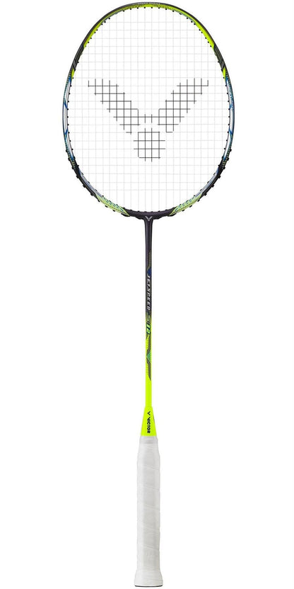 The Victor Jetspeed S 12TD Badminton Racket features a string face with a dark logo pattern on white strings. Its predominantly black frame is accented with neon yellow highlights, and the handle is wrapped in white grip tape. Engineered with Aero-Sword technology, it delivers both speed and precision on the court.