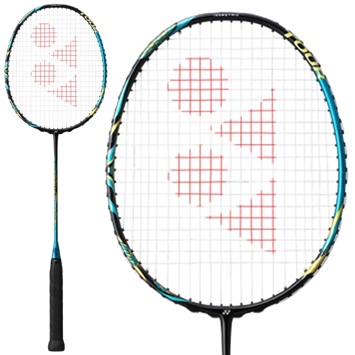 The Yonex Astrox 88S Tour badminton racket, renowned for its control and power, showcases a captivating emerald blue frame. The strings are adorned with a distinctive red triangle pattern, drawing attention to the Rotational Generator System in the head that enhances your gameplay through optimal balance and precision.