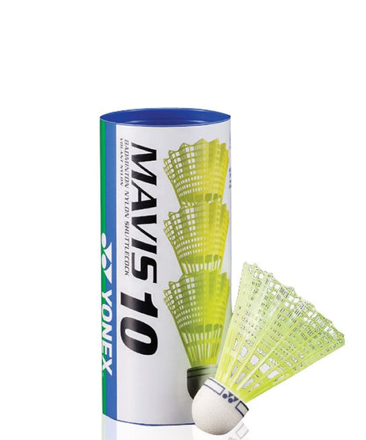 A set of budget-friendly Yonex Mavis 10 Badminton Nylon Shuttles in yellow, featuring one lively yellow shuttlecock with a white base displayed outside the container.