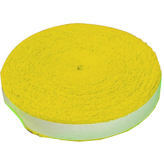 A Victor Towel Badminton Racket Grip - Reel - Yellow, known for its bright yellow hue and soft, sweat-absorbing texture similar to the original racket grip, showcases a white adhesive strip along one side and is neatly coiled into a compact circle against a simple white background.