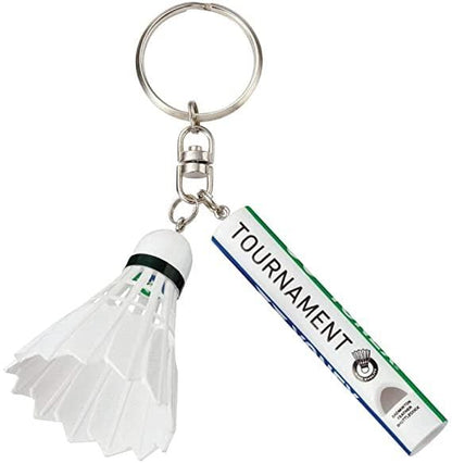 An essential accessory for any badminton enthusiast, the Yonex Badminton Shuttlecock & Whistle Keychain features a white shuttlecock alongside a rectangular tag marked "TOURNAMENT.