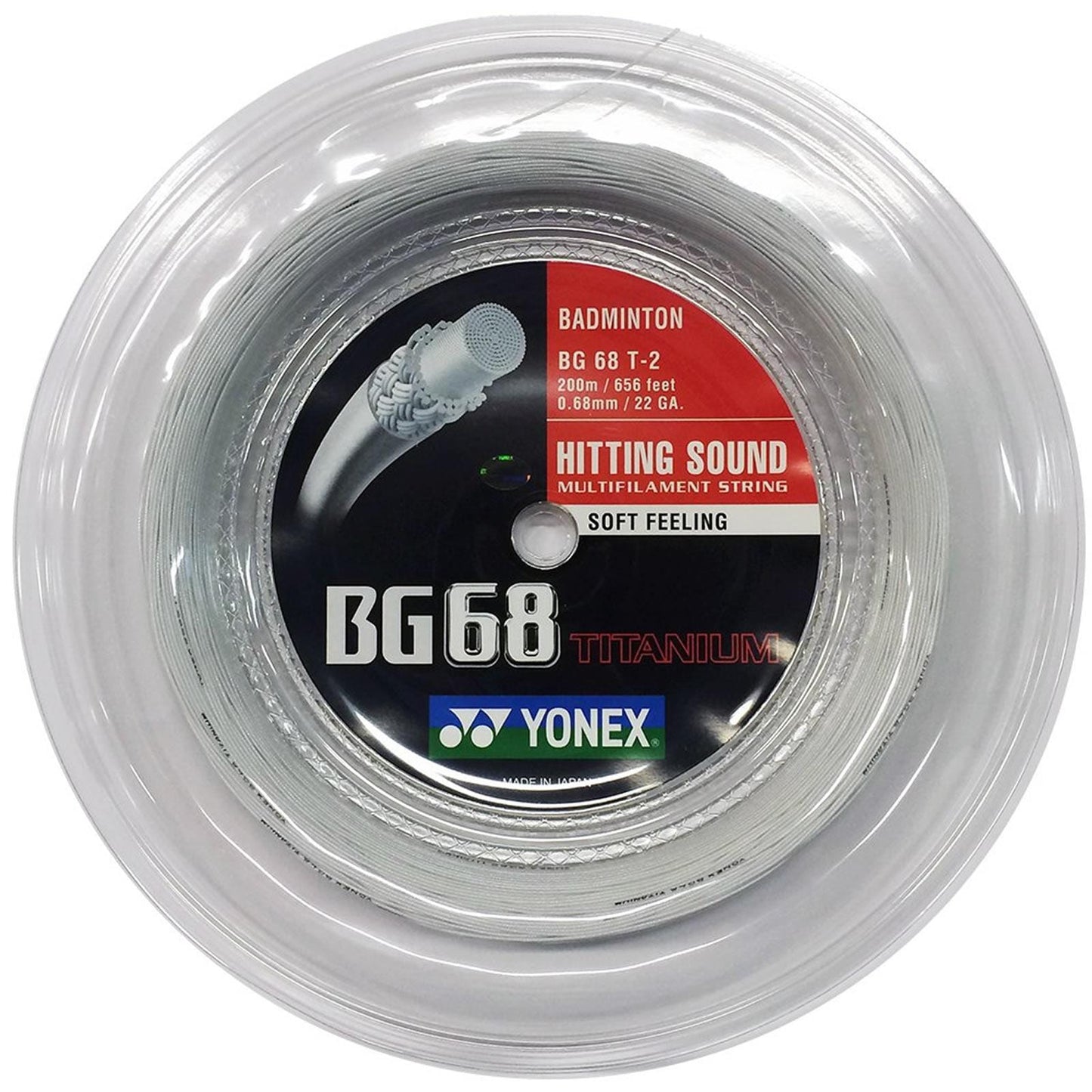 The Yonex BG 68 Ti Badminton String White features a multifilament core for a soft feel and impressive sound, along with an ultra-thin gauge of 0.68 mm and a hydro titanium coating. The reel packaging specifies a length of 200 meters (656 feet).