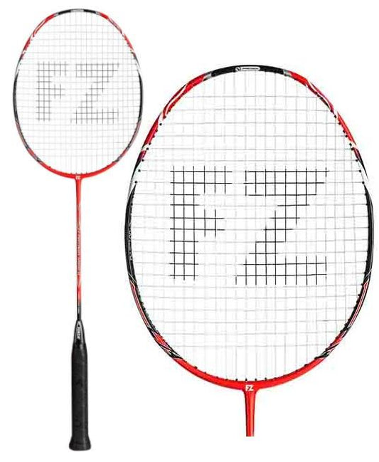 Two FZ Forza Precision 12000 M badminton rackets, crafted with woven graphite, feature red frames and white strings. One racket is shown in full view, while the other highlights the head. The strings display "FZ" in black.