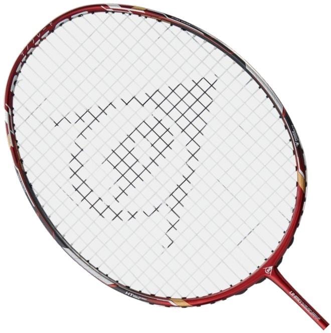 The Dunlop Nanoblade Savage Woven Special Tour badminton racket boasts a striking red frame and crisscrossed strings, making it ideal for intermediate players. Its distinctive logo pattern in the center adds a touch of flair to this essential sporting equipment by Dunlop.