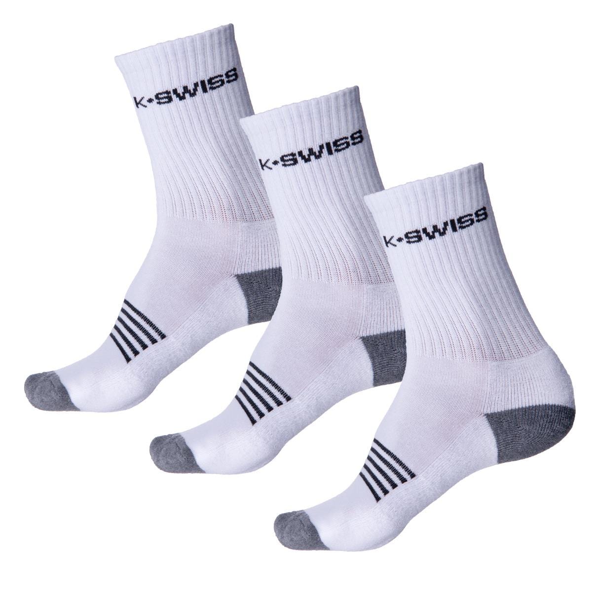 These K-Swiss Crew Sport Socks (3 Pack) for men feature three pairs made entirely of 100% cotton. Each pair boasts gray toes and heels, the distinctive K-Swiss logo on the cuffs, and striking black stripes near the toes.