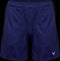 Introducing the Victor Team Line Unisex Badminton Shorts R-03200 B - Blue by Victor: These navy blue shorts are crafted from stretchable material, equipped with an elastic waistband for comfort. A small white logo adorns the lower left, and their lightweight design boasts a smooth, slightly shiny finish. The sleek design is emphasized by the dark background color.