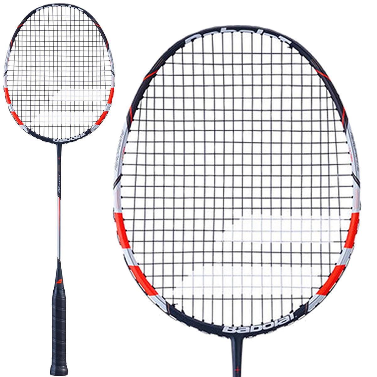 A detailed image of the Babolat I-Pulse Blast Badminton Racket - Black / Red, featuring a sleek black frame, white strings, and striking red accents. This power-oriented racket is shown standing upright beside a magnified view of the head that highlights its intricate string pattern, ideal for players with an attacking style.