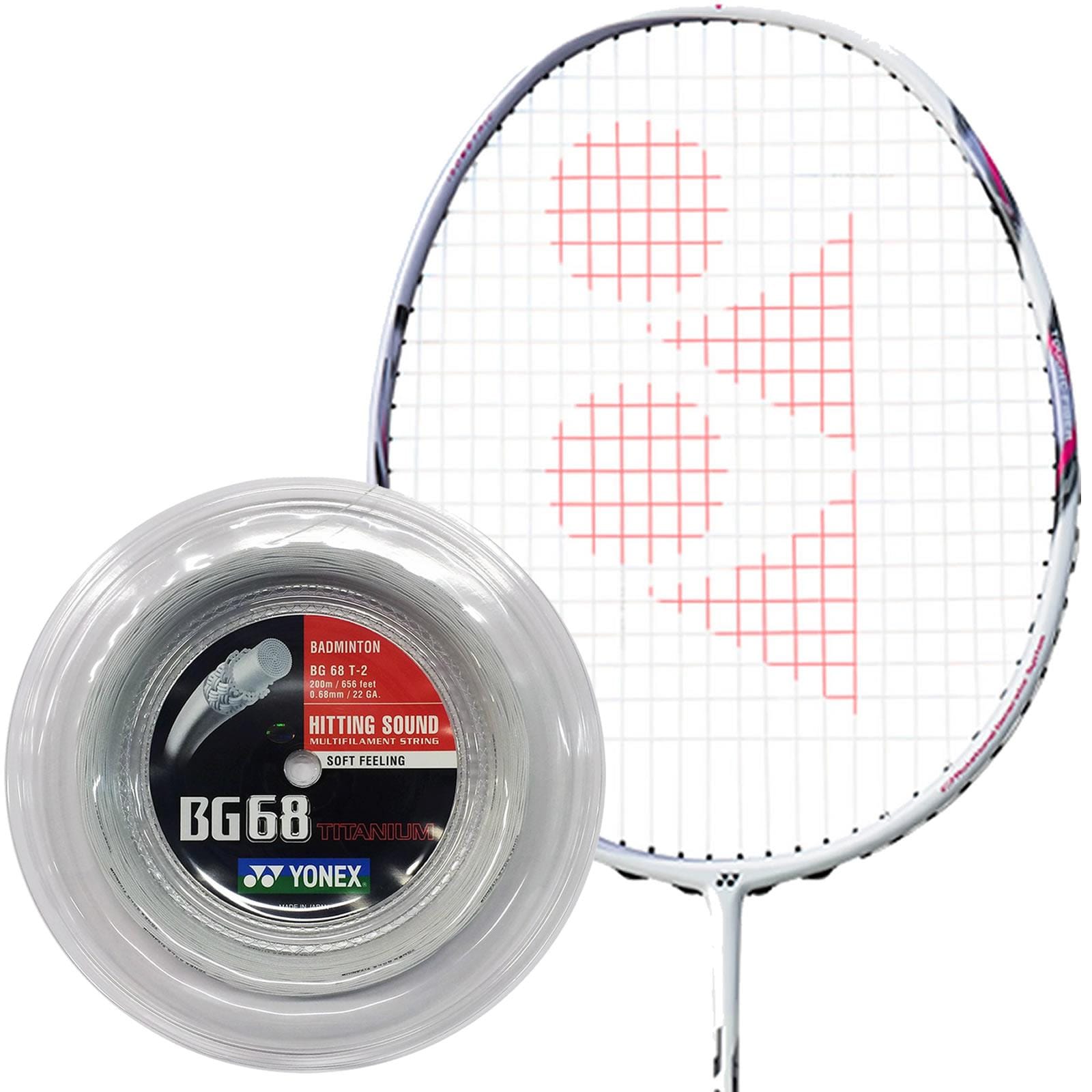 A badminton racket with white strings and a red pattern sits beside a coiled package of Yonex BG 68 Ti Badminton String in White, featuring an ultra-thin 0.68mm gauge on a 200m reel. The string package is adorned with red and black labeling with text highlighting the hitting sound and soft feel.