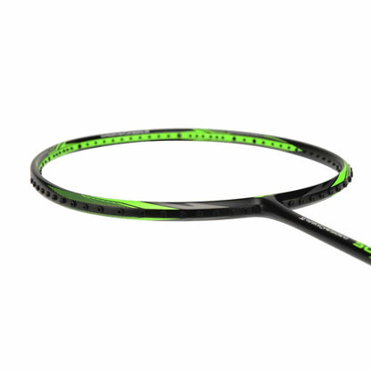 A detailed view of the Li-Ning Turbo Charging 20 Drive Badminton Racket in black and green, highlighting its circular frame and stringless design. The thin Aero Tec-Beam System features neon green accents set against a white background.