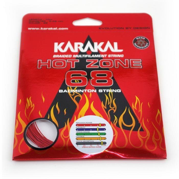 The Karakal Hot Zone 68 Badminton String is available in a red package adorned with flame graphics and contains ultra-thin, durable braided multifilament strings with a 0.68mm diameter. String tension guides are featured at the bottom.