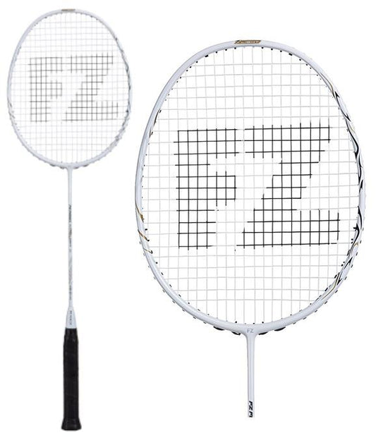 Close-up of the FZ Forza Nano Light 10 Badminton Racket in white, featuring a black handle. The stringing prominently displays the letters "FZ" in large black lettering, crafted from Ultra High Modulus Graphite to boost performance.